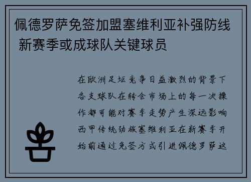 佩德罗萨免签加盟塞维利亚补强防线 新赛季或成球队关键球员