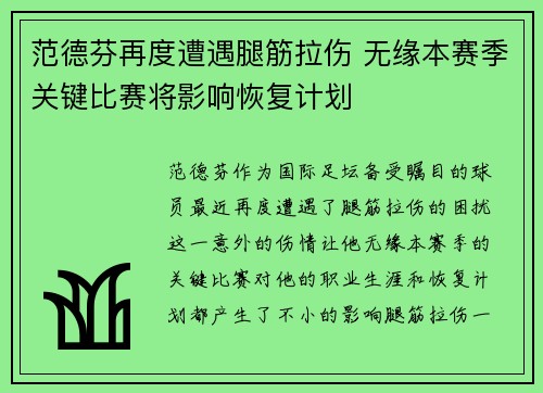范德芬再度遭遇腿筋拉伤 无缘本赛季关键比赛将影响恢复计划