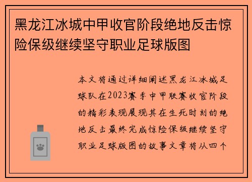 黑龙江冰城中甲收官阶段绝地反击惊险保级继续坚守职业足球版图